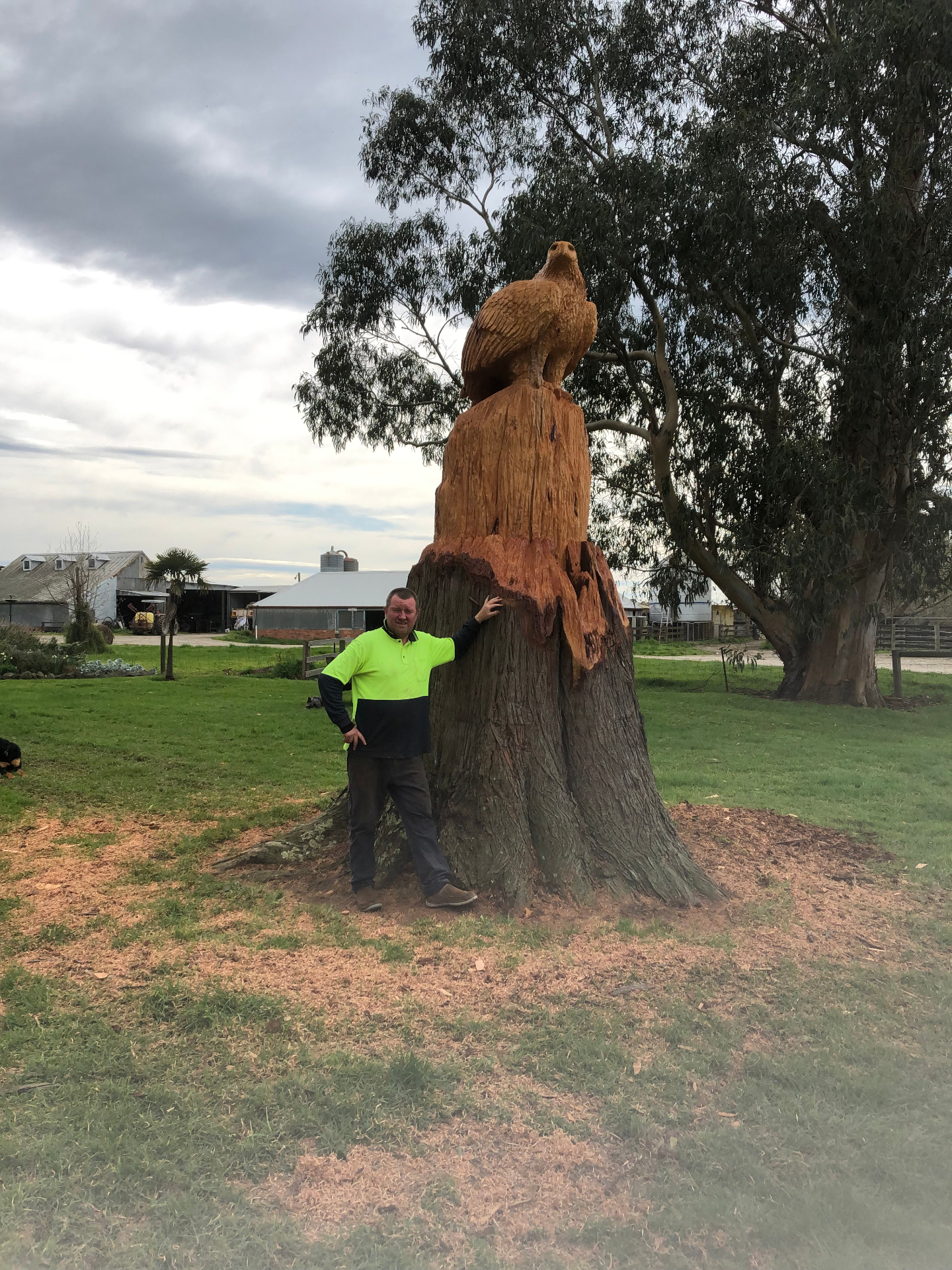 Paul Stafford standing beside a tall carved eagle tree-stump sculpture