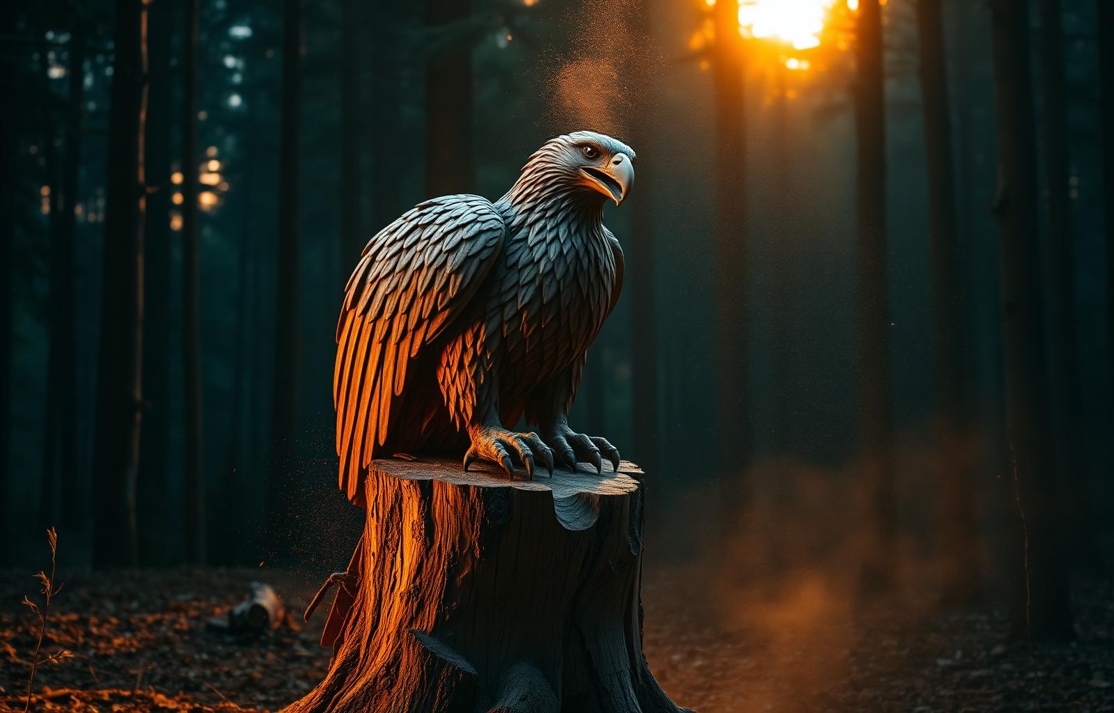 Chainsaw eagle sculpture being carved at sunset in West Gippsland forest