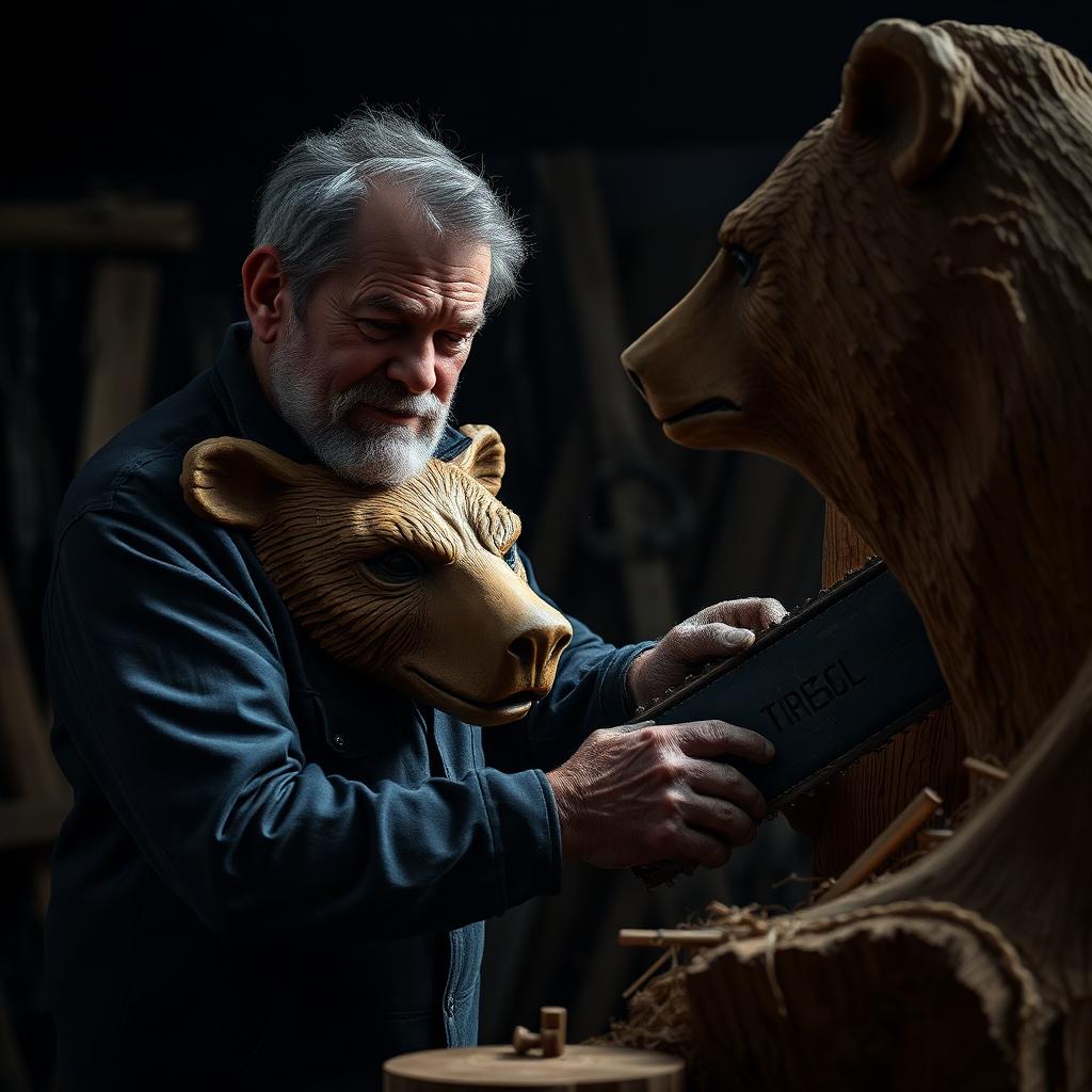 Paul Stafford carving a wooden bear sculpture in his West Gippsland workshop